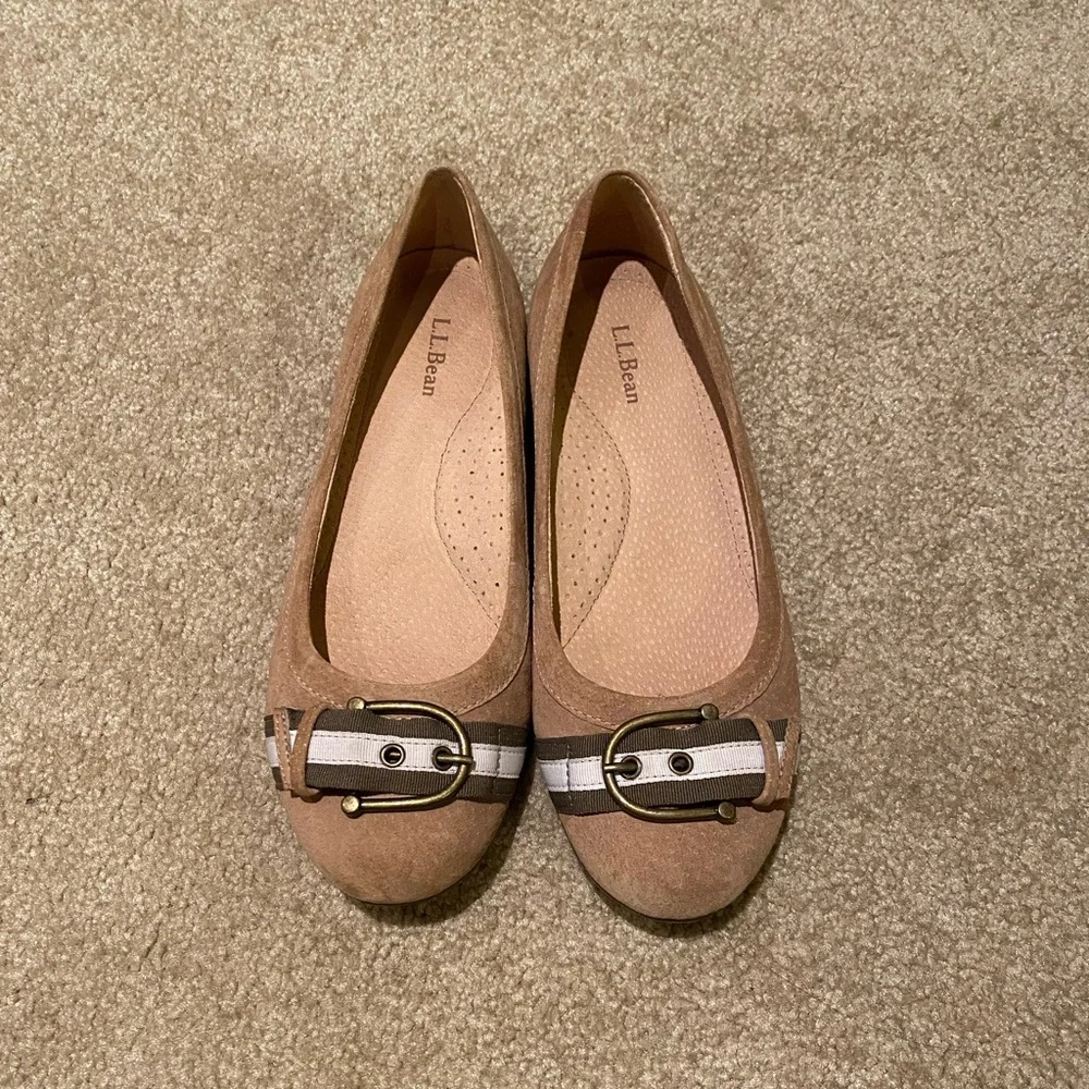 L.L. Bean Tan Flats with Brown and White Ribbon and Buckle Accents
